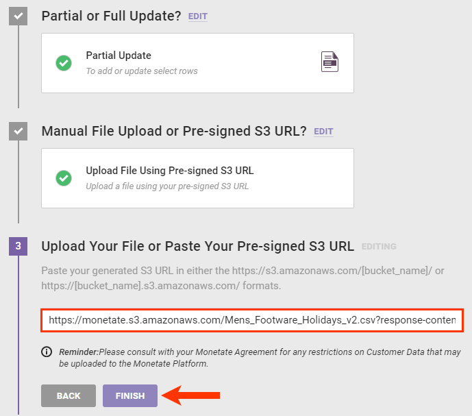 The 'Upload Data' wizard, with a callout of the Amazon S3 presigned URL input field and of the FINISH button