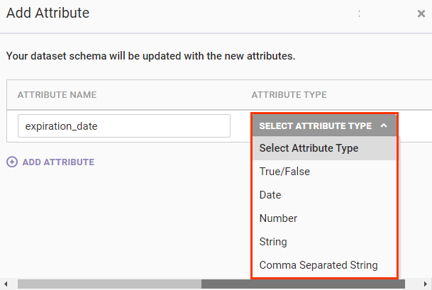 Callout of the 'ATTRIBUTE TYPE' selector in the Add Attribute modal