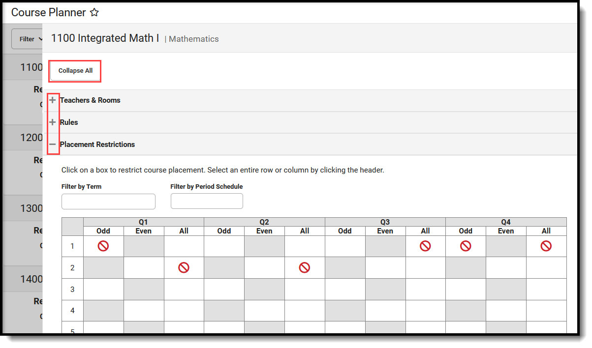Screenshot of the Collapse or Expand options on the Course Planner Side Panel. 