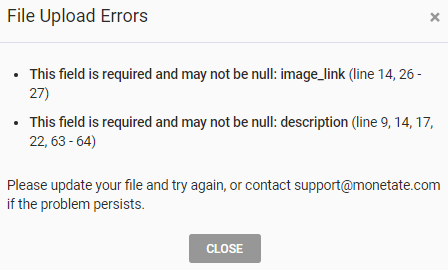 The File Upload Errors modal for a failed product catalog dataset update. The first error listed is the invalid NULL value for the required 'image_link' attribute for multiple rows in the dataset. The second error listed is the invalid NULL value for the required 'description' attribute for multiple rows in the dataset.