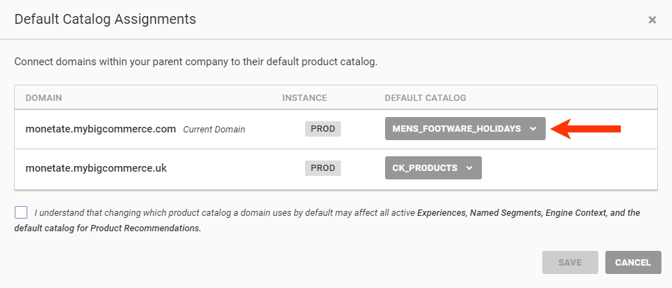 Callout of the DEFAULT CATALOG selector for one of the account's domains on the 'Default Catalog Assignments' modal. The domain currently has as its default catalog the product catalog dataset that a user wants to delete.