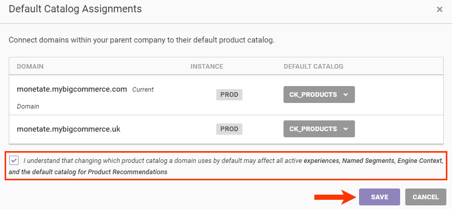 Callout of the checkbox accompanying the acknowledgement statement and of the 'SAVE' button on the 'Default Catalog Assignments' modal
