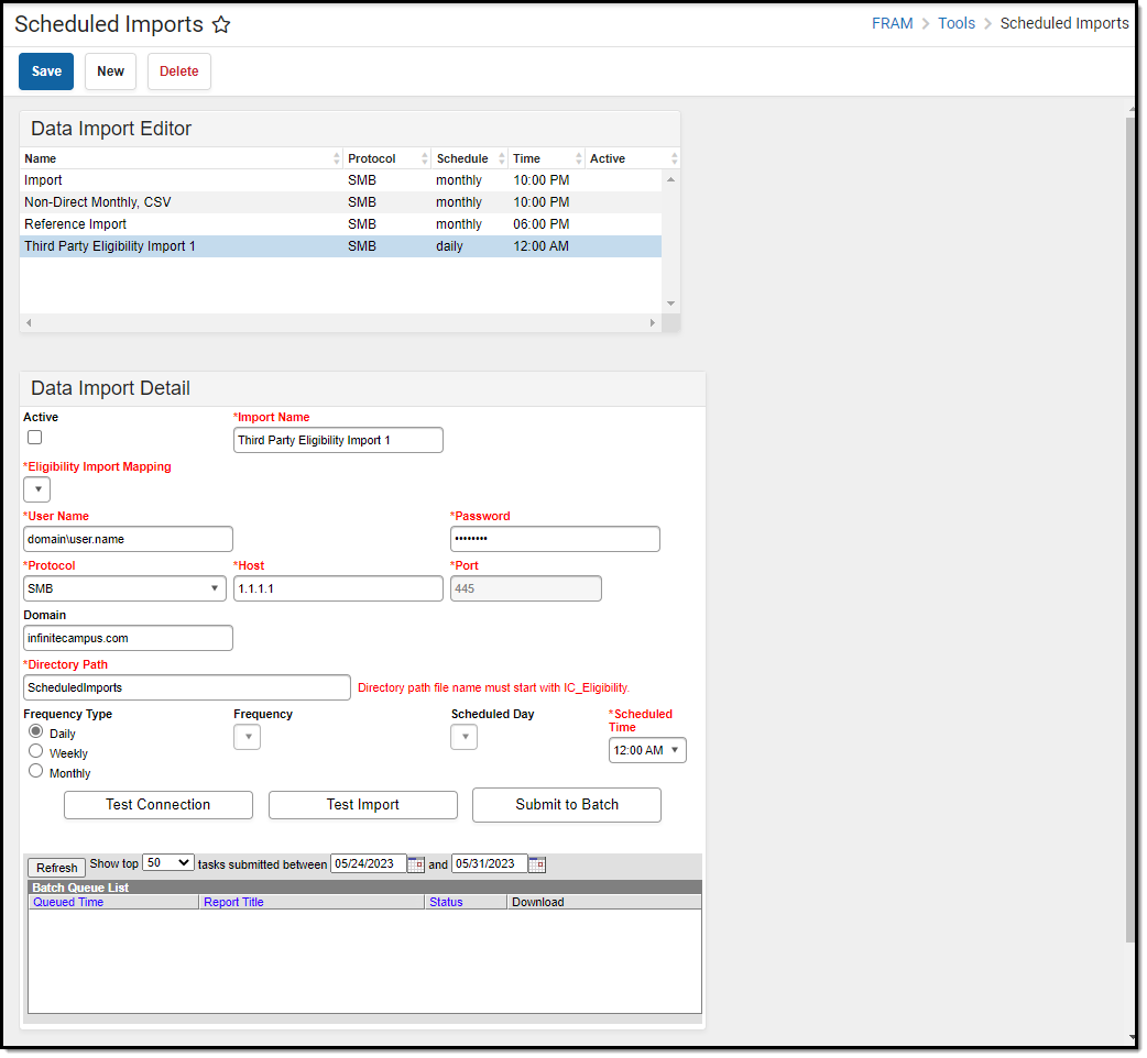 Screenshot of the Scheduled Imports editor, located at FRAM, Tools. 
