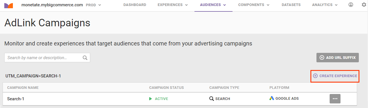 Callout of the 'CREATE EXPERIENCE' button for a campaign on the Adlink Campaigns page