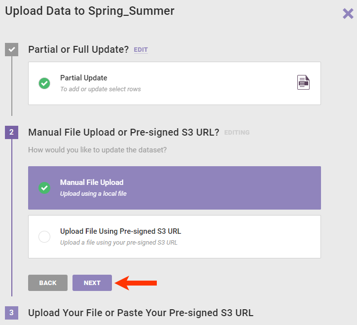 Step 2 of the Upload Data wizard, with 'Manual File Upload' selected and a callout of the NEXT button