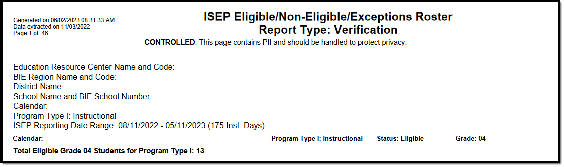 Image of the Header Section of the Instructional Verification Report.