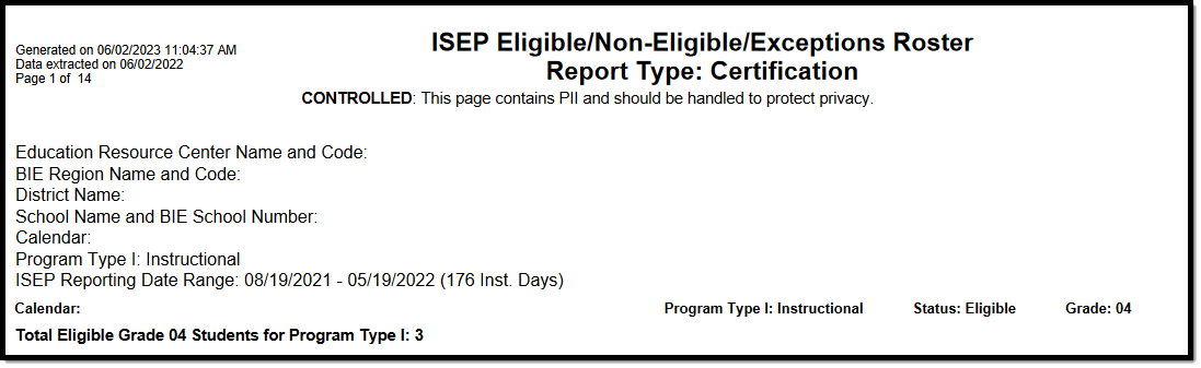 Screenshot of an example Header Section of the Instructional Certification Report