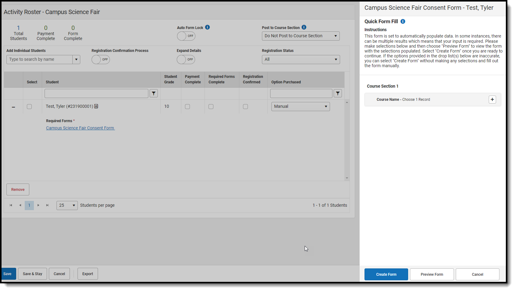 Screenshot of the Quick Form Fill panel.