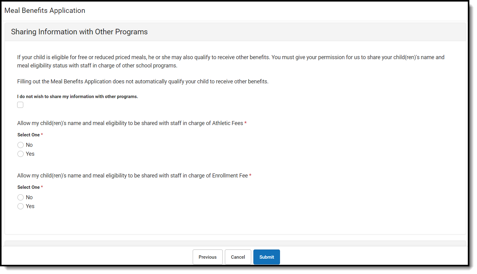 Screenshot of permissions when when filling out the online Meal Benefits Application via Portal