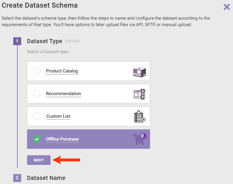 Step 1 of the Create Dataset Schema wizard, with Offline Purchase selected and a callout of the NEXT button