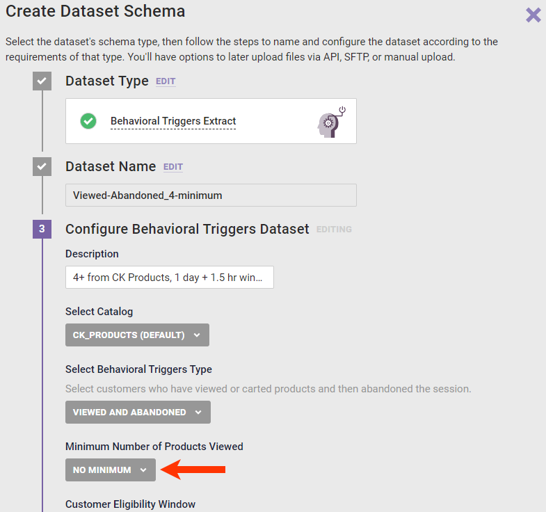 Step 3 of the Create Dataset Schema wizard, with a callout of the 'Minimum Number of Products' selector