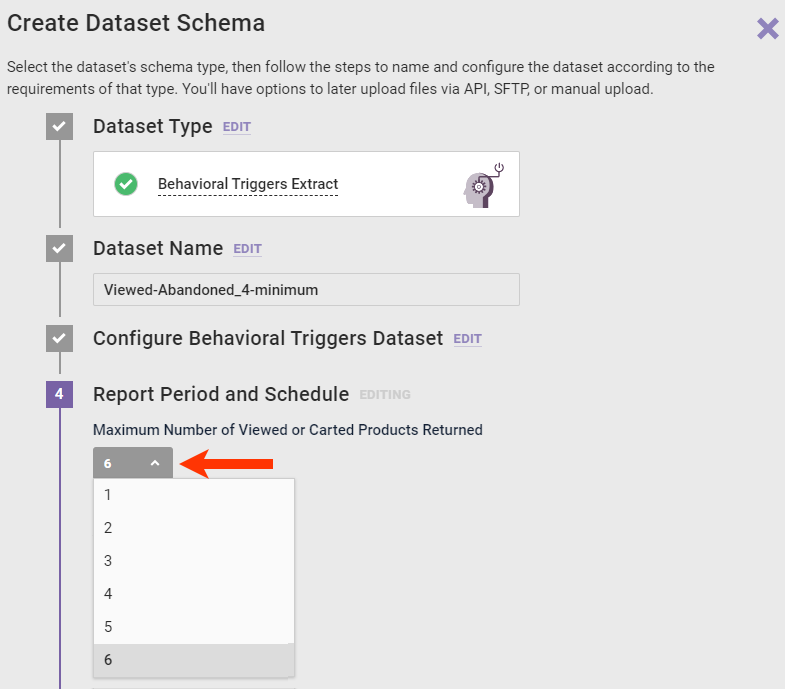 Step 4 of the Create Dataset Schema wizard, with a callout of the 'Maximum Number of Viewed or Carted Products Returned' selector