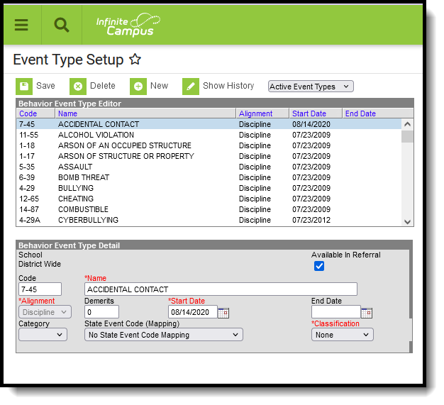 Screenshot of the Behavior Event Type Setup. 