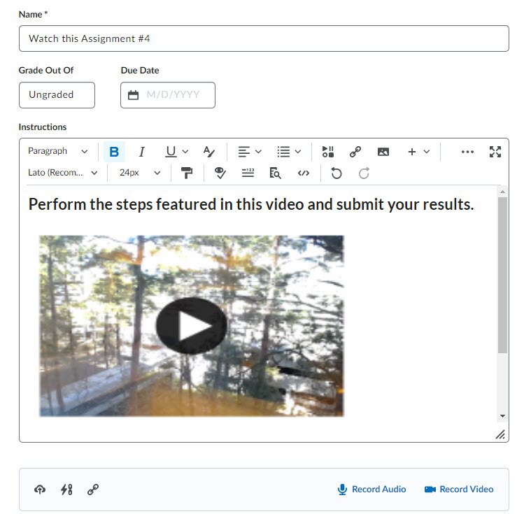 Shows embedded video within D2L assignment Instructions HTML editor.