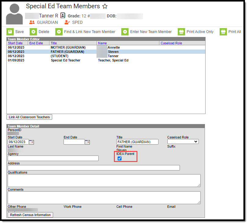 Screenshot of the IDEA Parent checkbox highlighted on the Team Member Detail.