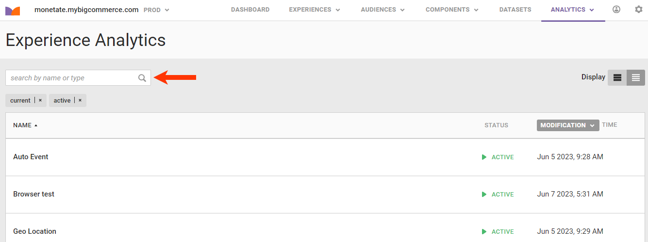 Callout of the search field on the Experience Analytics list page