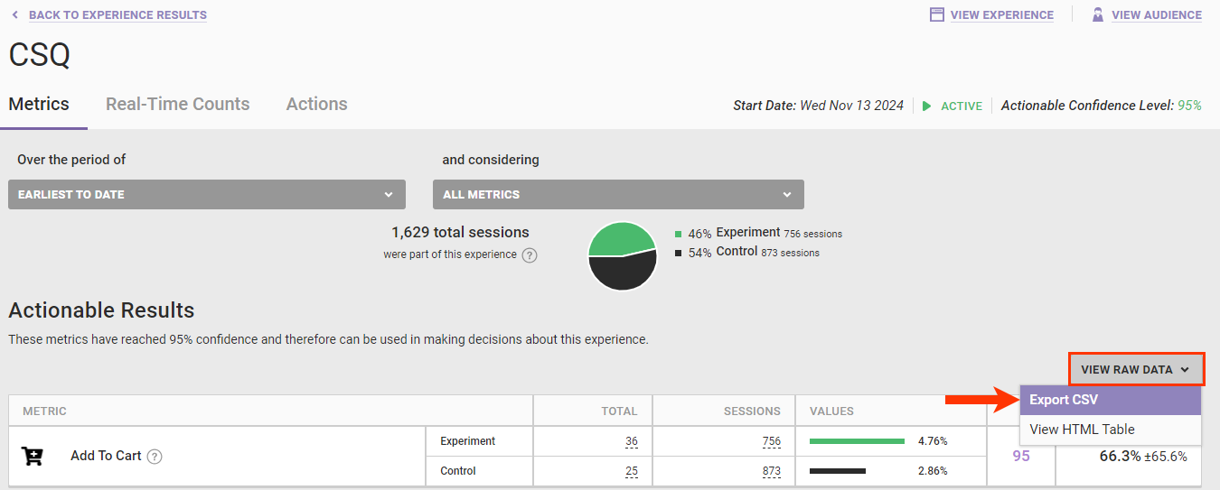 Callout of the 'Export CSV option' in the 'VIEW RAW DATA' selector on the Metrics tab of the Experience Results page