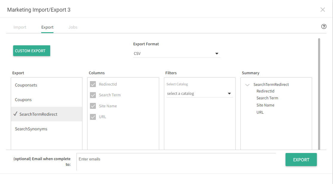 The Export tab of the import-export tool