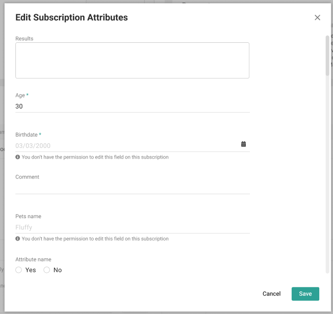 The Edit Subscription Attributes modal