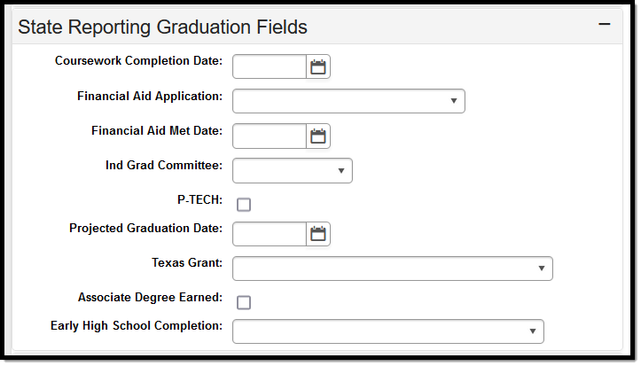 Image of the Texas State Reporting Graduation Fields Editor.