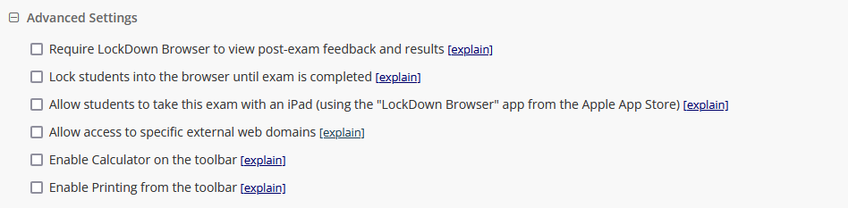 Displays LockDown Browser Advanced Settings