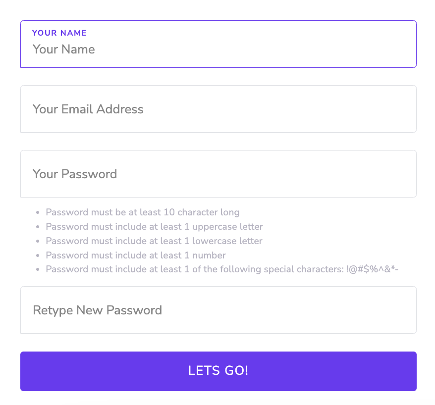 password requirement form