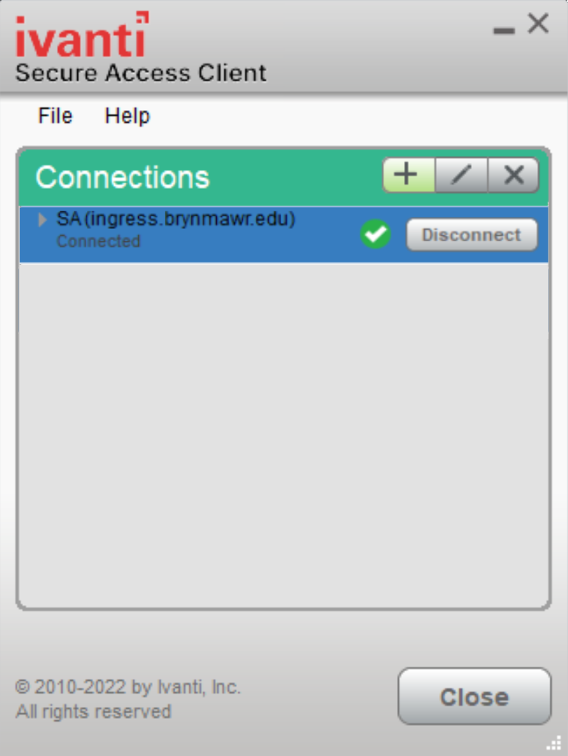 Pulse Secure VPN Connections control panel showing successful connection to the VPN
