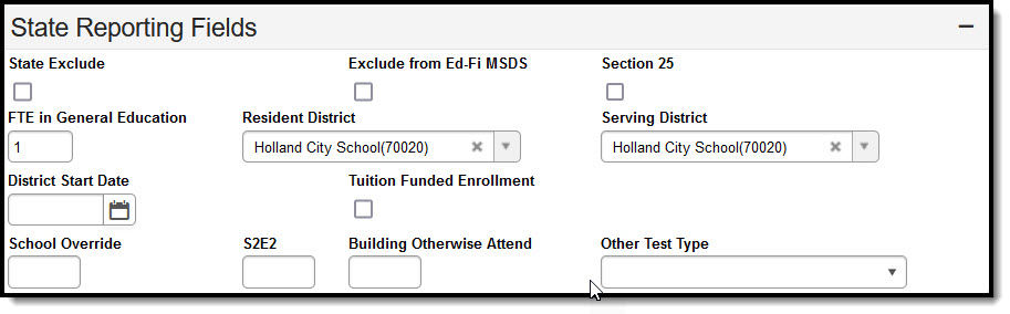 Screenshot of the State Reporting Fields section. 