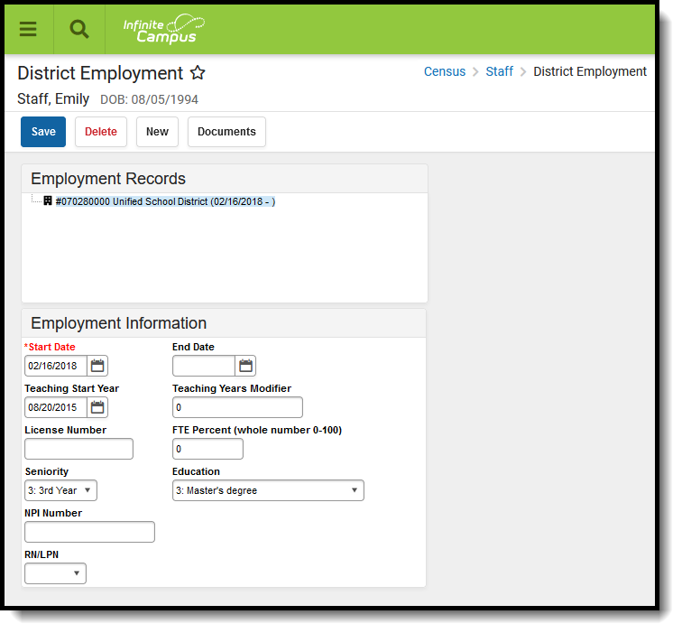 Screenshot of the District Employment editor
