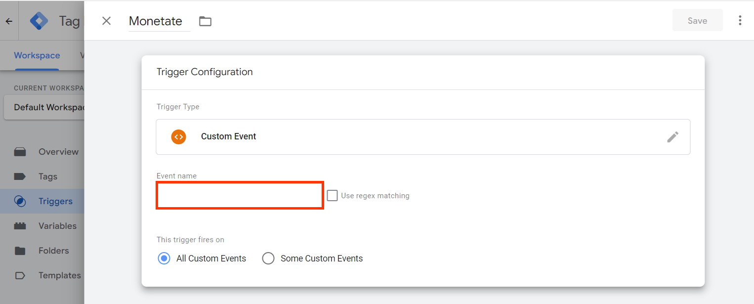 Callout of the 'Event name' field on the Triggers Configuration panel of Google Tag Manager