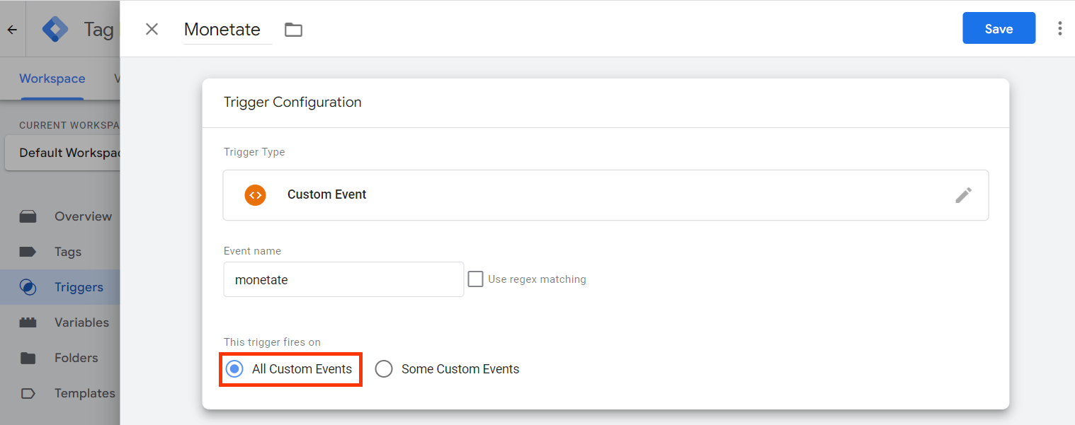 Callout of the 'All Custom Events' option for the 'This trigger fires on' setting on the Triggers Configuration panel of Google Tag Manager