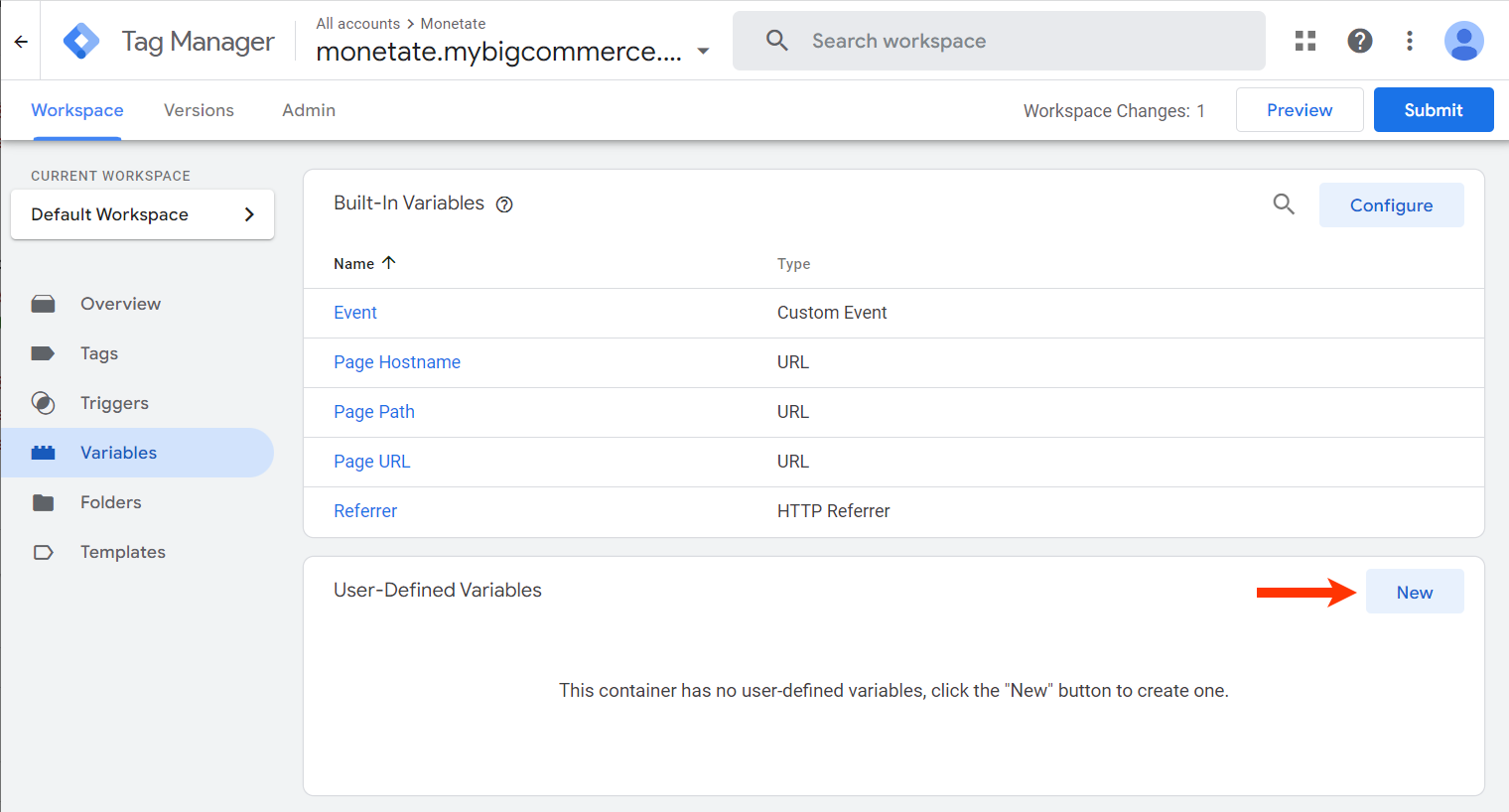 Callout of the New button on the Variables panel of Google Tag Manager