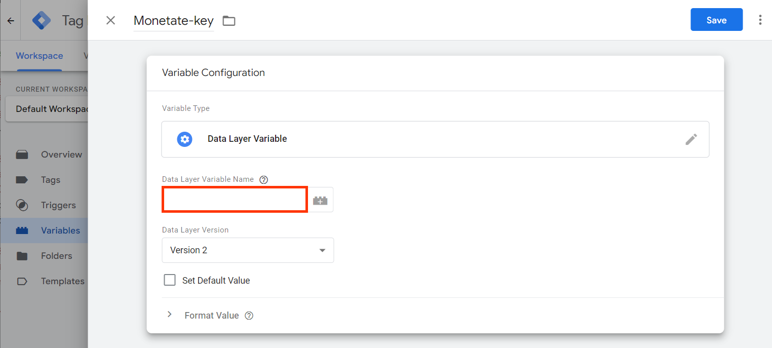 Callout of the 'Data Layer Variable Name' field on the Variable Configuration panel of Google Tag Manager