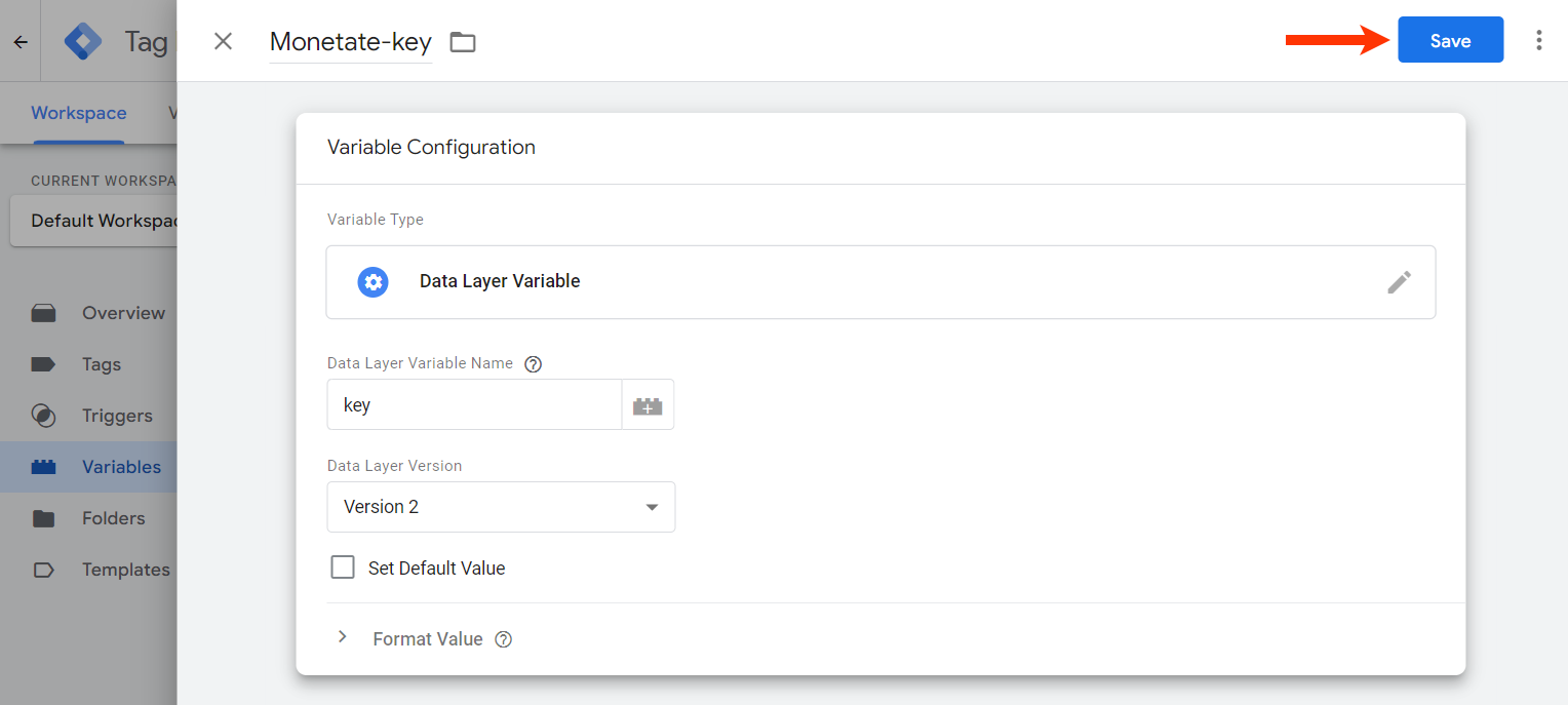Callout of the Save button on the Variable Configuration panel of Google Tag Manager