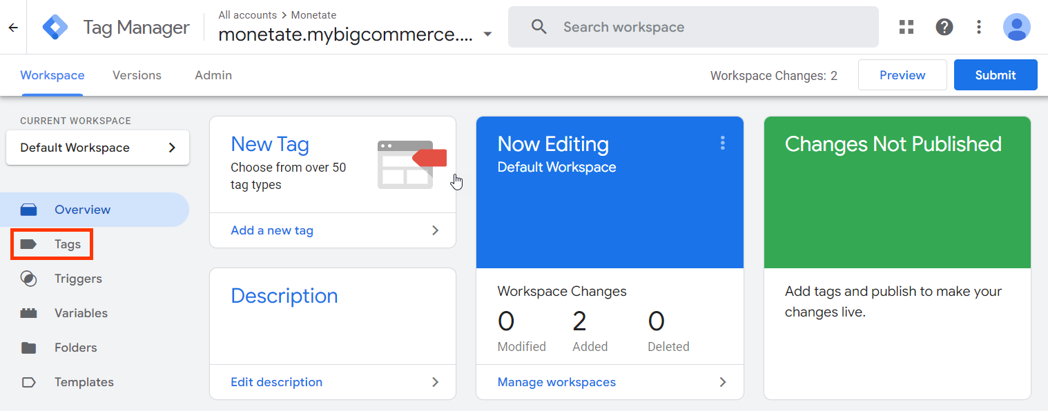 Callout of the Tags option in the left-hand navigation of a Google Tag Manager workspace