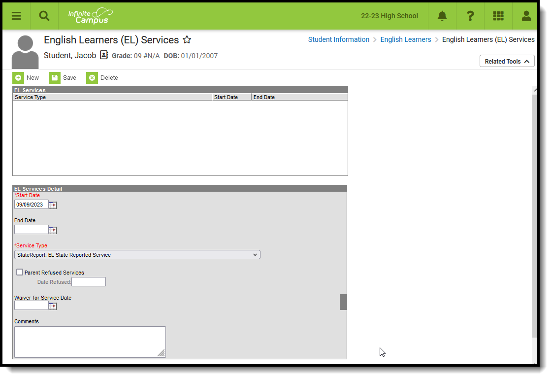 Screenshot of the EL Services tool. 