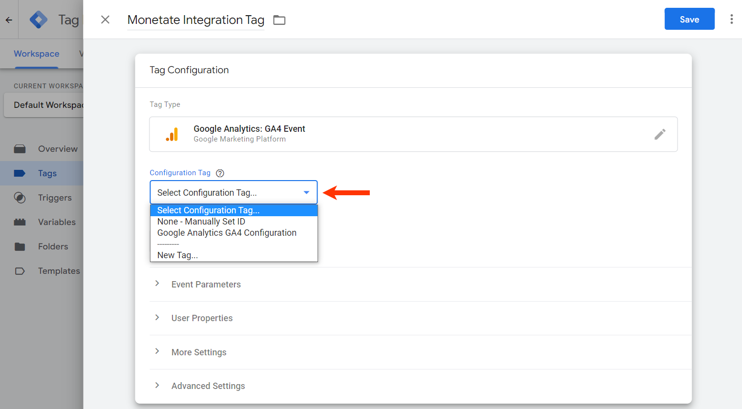 Callout of the 'Configuration Tag' selector on the Tag Configuration panel of Google Tag Manager