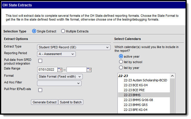 Screenshot of the Student SPE Record (GE) extract editor.  