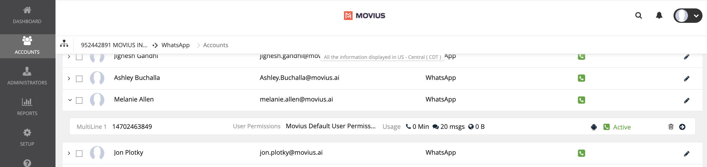 Screen showing accounts details menu