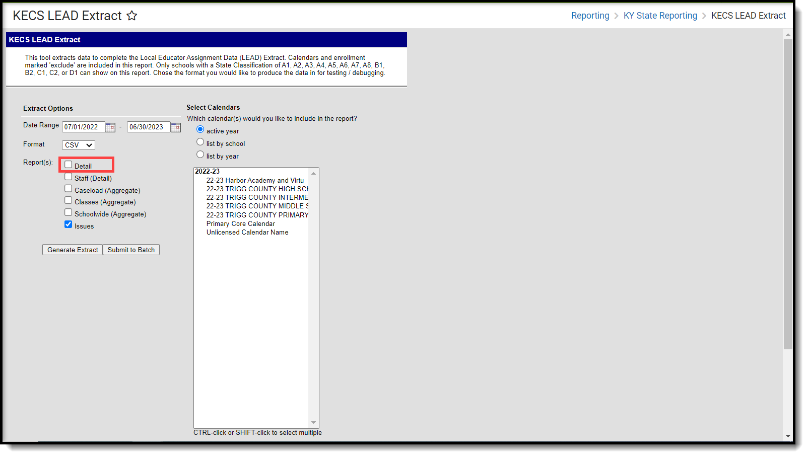 Screenshot of the Detail Report option on the KECS LEAD extract editor.