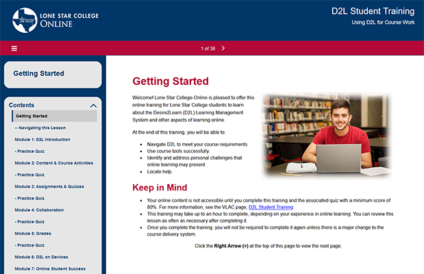 Shows the Getting Started page of the D2L Student Training.