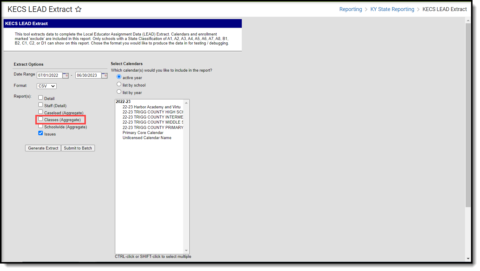 Screenshot of the Classes (Aggregate) option on the KECS LEAD editor.