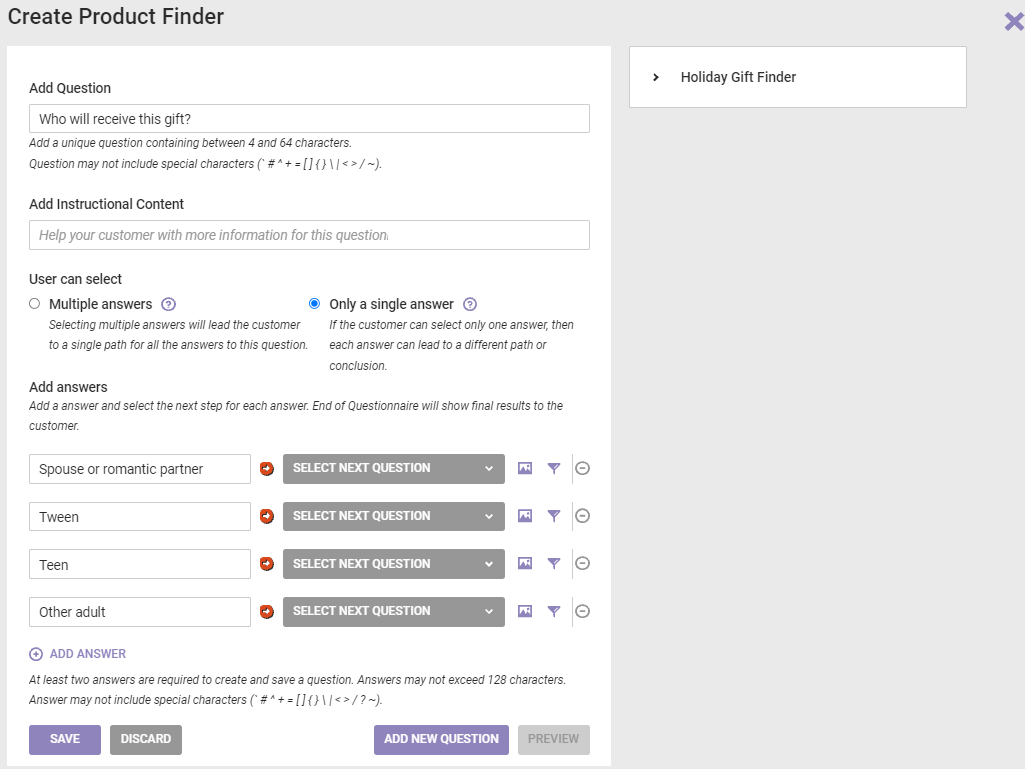The Create Product Finder wizard in which a user has crafted a question and its answer options