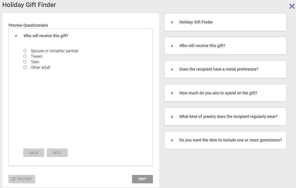 Example of a questionnaire preview starting at the first question