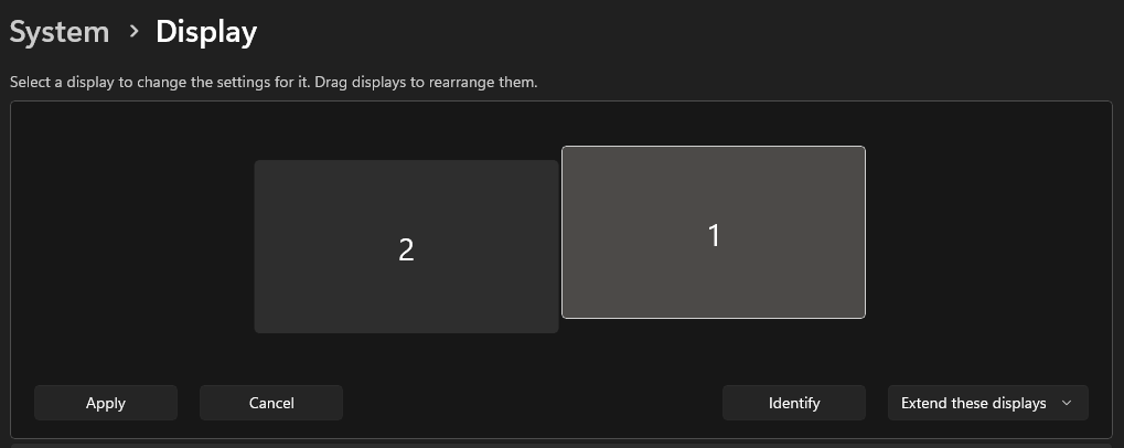 Display settings showing monitor 2 on the left and monitor 1 on the right