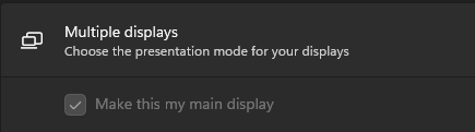 Display settings showing the Make this my main display option enabled