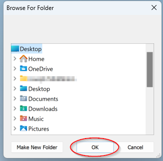 The folder select window with desktop selected as an example and the 'OK' button circled