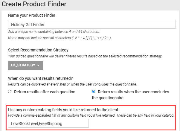 Callout of the product catalog custom fields configured within a Product Finder questionnaire