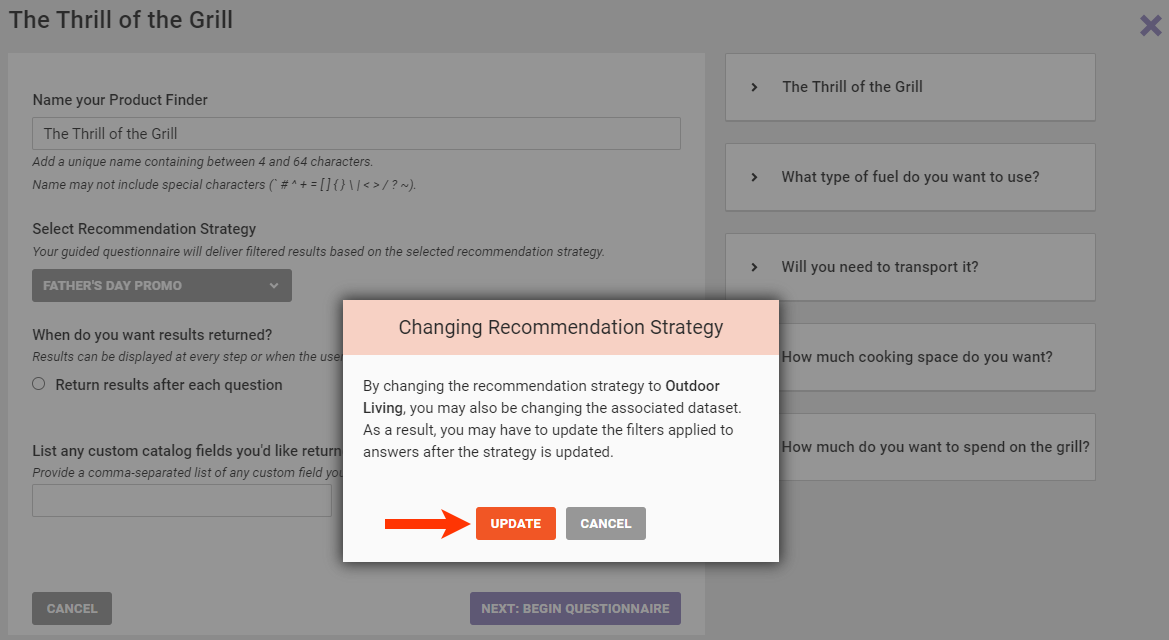 Callout of the UPDATE button in the Changing Recommendation Strategy modal
