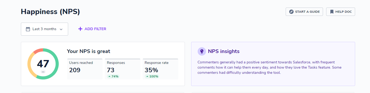 two boxes with NPS score, showing users reached and responses and insights with summary of comments